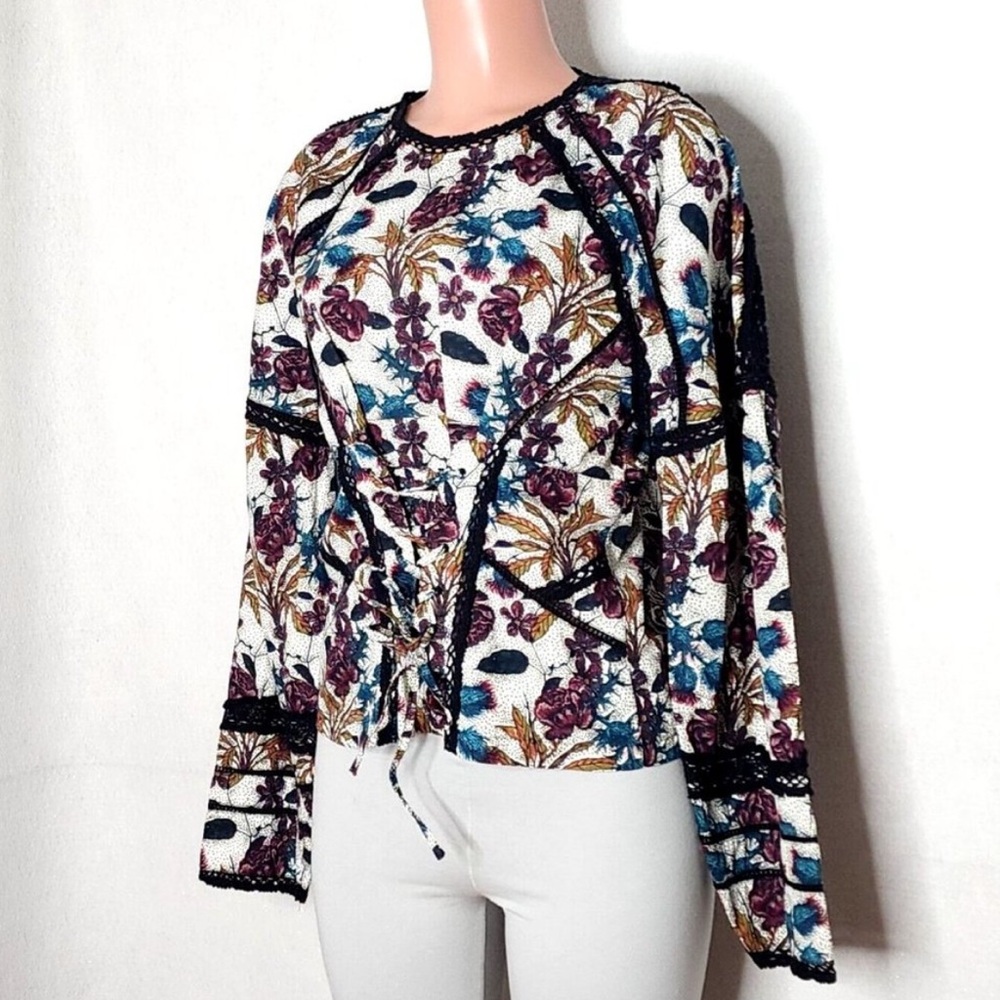 Topshop Floral Lace Up Front Top Multicolor Black Lace Trim Crochet Retro